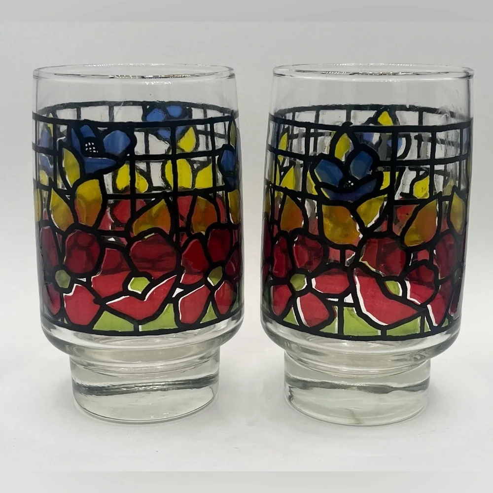 Vintage Libbey Stained Glass floral Juice‎ Glasses Set Of 2 - 12 ozs